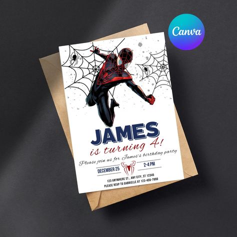 Miles Morales Birthday Party, Miles Morales Birthday, Spiderman Birthday Invitations, Birthday Party Invite, Spiderman Birthday, Birthday Invitation Template, Event Themes, Miles Morales, Birthday Invitations Kids