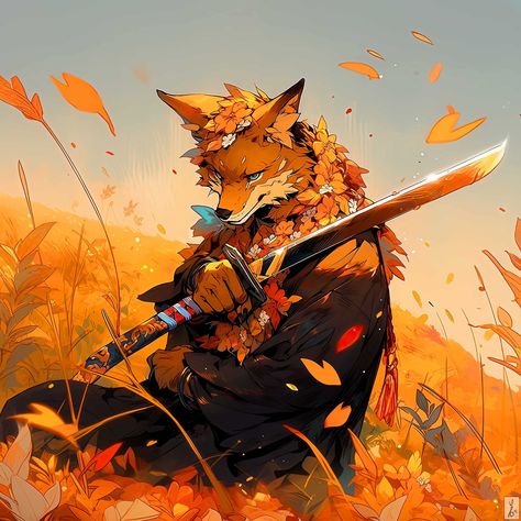 ArtStation - Sunstrike - Samurai fox - by Ybelion, Ybelion Fox Samurai Art, Anthro Fox Character Design, Samurai Animals, Humblewood Character, Kitsune Samurai, Personified Animals, Animal Samurai, Fox Samurai, Cool Samurai