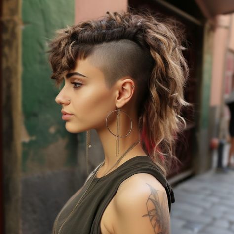 Shag Mullet With Undercut, Womens Mohawk Haircut, Undercut Mullet Women Long, Mohawk Undercut Women, Mohawk Long Hair For Women, Fall Undercut Designs, Grey Mohawk Women, Side Head Shaved Short Hair, Full Undercut Women