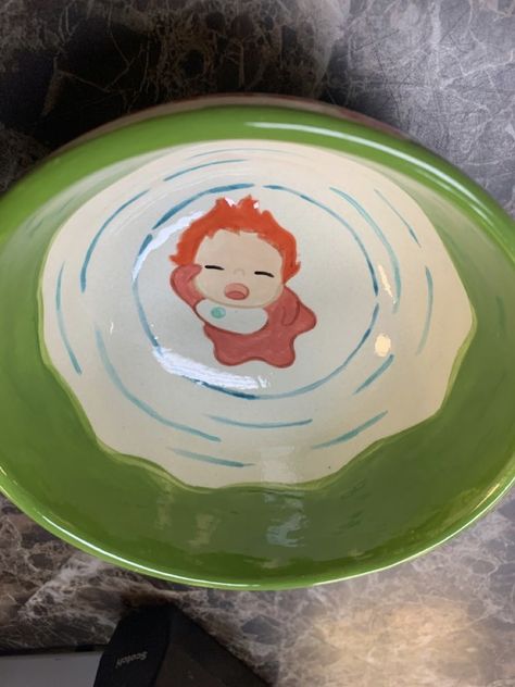 Pottery Painting Ponyo, Ponyo Ceramic Bowl, Ponyo Bowl Pottery, Ponyo Bowl, Cute Ceramic Painting, Ghibli Ceramics, Totoro Ceramic, Totoro Clay, Painting Plates