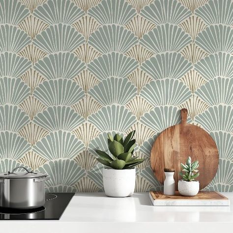 Art Deco Shell Blockprint Peel & Stick Wallpaper Wallpaper Editor, Art Deco Shell, Muted Teal, Dark Home Decor, Craftsman Style Home, White Magnolia, Beige Tones, Stylish Art, Peel Stick Wallpaper