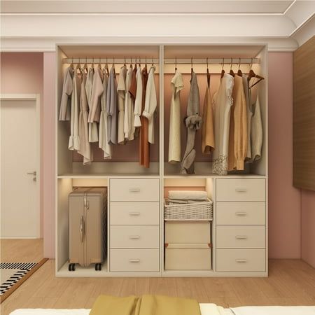 Sophshelter wooden closet system features a modular design, allowing you to tailor the layout to your preferences. Customize by adding or removing shelves and drawers to create the ideal closet organizer for your storage needs. Size: White-304+304. White Wood Wardrobe, Closet Behind Bed, Teen Closet, Wooden Wardrobe Design, Closet Small Bedroom, Wooden Closet, Small Bedroom Furniture, Wood Wardrobe, Closet Renovation