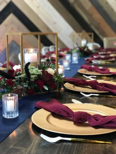 Burgundy And Navy Blue Table Set Up, Wedding Decor Navy And Burgundy, Navy And Copper Centerpiece, Navy Blue And Burgundy Wedding Table, Navy Blue Red And Gold Wedding Table Settings, Navy And Burgundy Centerpieces, Navy Blue Burgundy Gold Wedding Decor, Burgundy Table Runner Wedding, Burgundy And Navy Wedding Table Setting