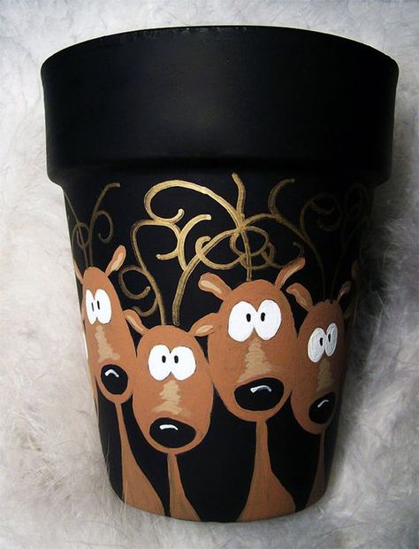 Reindeer in Headlights Flower Pot Hand Painted Original: Pot Painting Ideas, Pot Painting, Christmas Pots, Flower Pot Crafts, Painted Flower Pots, Clay Pot Crafts, Navidad Diy, Noel Christmas, Painted Pots