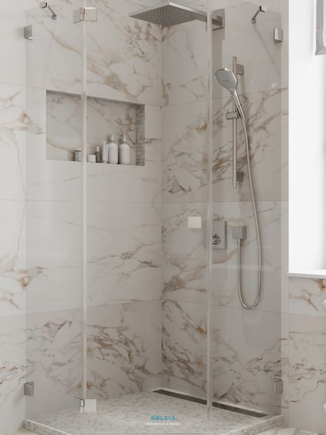 Calacatta shower for bathroom Calacatta Gold Shower Walls, Calcutta Gold Bathroom, Calcutta Tile, Calacatta Gold Bathroom, Calcutta Gold Marble Bathroom, Calcutta Gold, Master Bath Shower, Gold Tile, Gold Shower