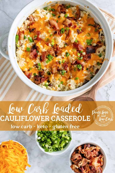 The original Loaded Cauliflower Casserole! This recipe takes the rich, savory flavor of a twice baked potato and makes it perfectly low carb. With tender cauliflower cooked in chicken stock, cheddar and cream cheese, crispy bacon, and fresh green onions, this is the ultimate comfort food. Keto Loaded Cauliflower, Keto Cauliflower Loaded Baked Potato, Keto Loaded Cauliflower Bake, Bacon Cheddar Cauliflower Bake, Baked Cauliflower Casserole, Loaded Cauliflower Bake, Twice Baked Cauliflower, Loaded Cauliflower Salad (low Carb), Loaded Cauliflower Casserole