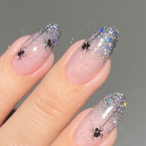 Halloween Sparkle Nails, Sparkle Halloween Nails, French Halloween Nails, Halloween Themed Nails Acrylic, Sparkly Halloween Nails, Halloween Nails Glitter, Halloween Glitter Nails, Halloween French Tips, Halloween French Tip Nails