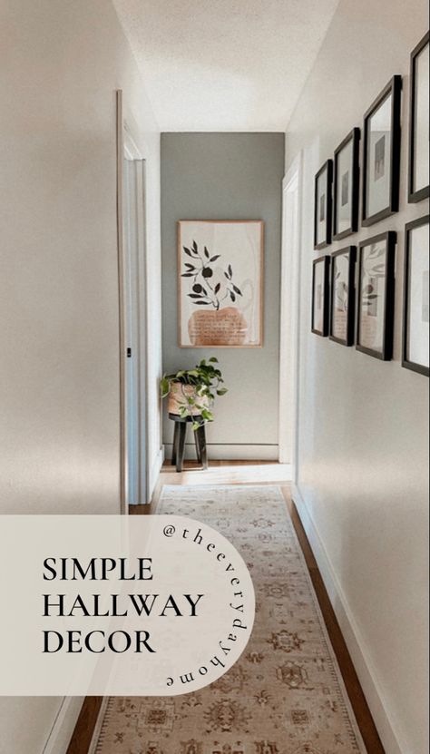 Ideas For End Of Hallway Wall, Small Hallway Ideas Wall, Long Hallway Apartment, Decorating Upstairs Hallway, Slim Hallway Decor, Hallways Wall Decor, Narrow Entry Way Wall Ideas, Straight Hallway Ideas, Boho Farmhouse Hallway