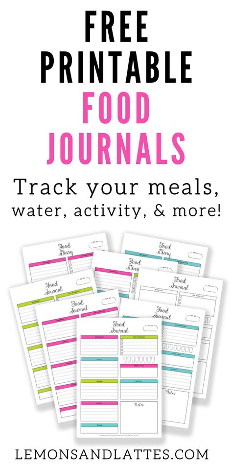 Stay on track with your nutritional goals using these free printable food journals! Whether you're tracking calories, trying to drink more water, or just aiming for a healthier lifestyle in general, these food diary templates make it easy to log your meals and track your progress. Available in a few different colors plus there's also a minimalist option for ink-friendly printing. Food Dairy Free Printable, Diy Health Journal, Daily Food Journal Printable Free, Food Tracker Printable Free, Daily Food Log Printable Free, Food Journal Printable Free, Fitness Bujo, Food Tracker Printable, Food Log Printable