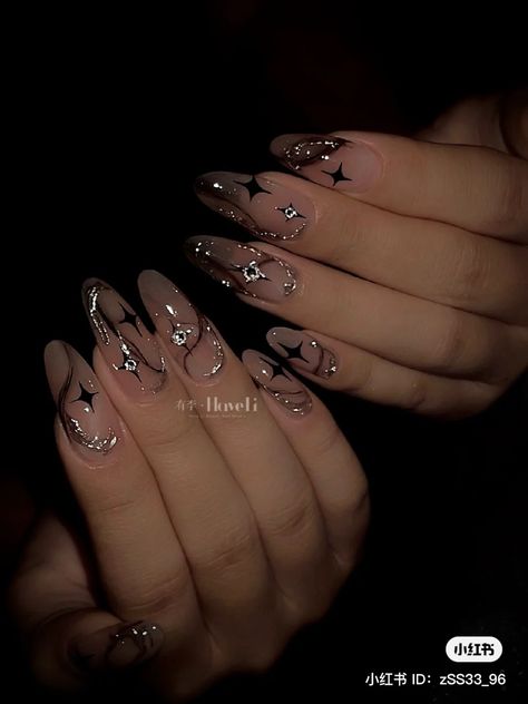 Nail Ideas Stargirl, Black And Chrome Star Nails, Sagittarius Birthday Nails Designs, Dark Square Nail Designs, Black Long Nails With Gems, Cute 21st Birthday Nails, Emo Nail Ideas Short, Pretty Dark Nails, Moody Nails Grunge