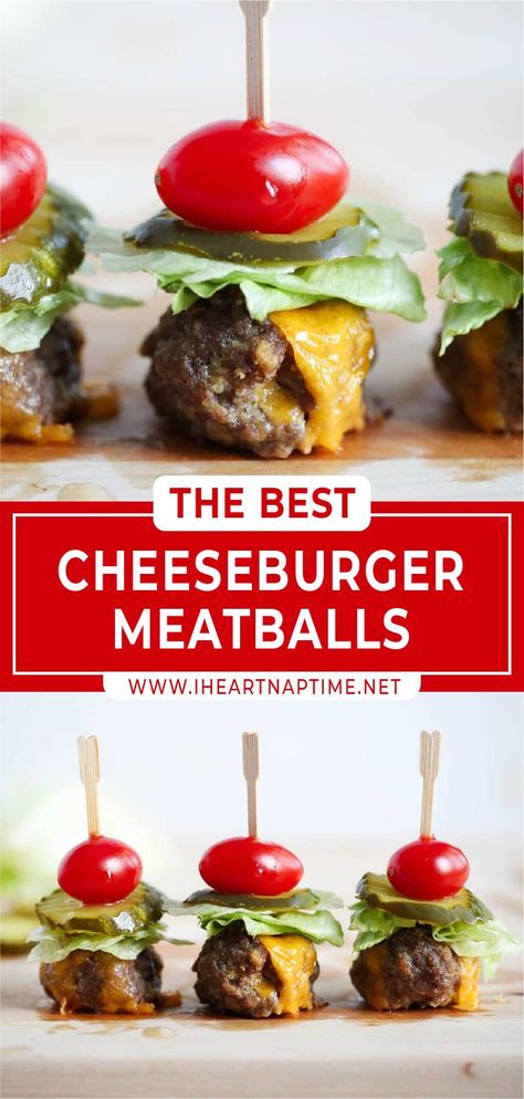 Cheap Meat Appetizers, Meatball Burger Bites, Bunless Burger Bites, Hamburger On A Stick, Mini Burger Skewers, Meatball Hamburger Skewer, Appetizer Recipes Beef, Cheeseburger Appetizer Bites, Bunless Cheeseburger Bites