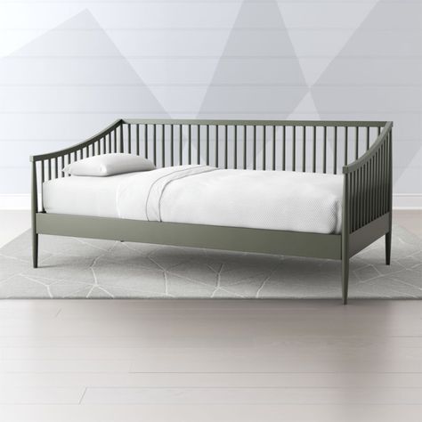 Hampshire Spindle Olive Green Daybed + Reviews | Crate and Barrel Jenny Lind Daybed, Green Daybed, Spindle Daybed, Kids Bed Rails, Arched Bed, White Daybed, Green Nightstands, Kids Daybed, Daybed Frame