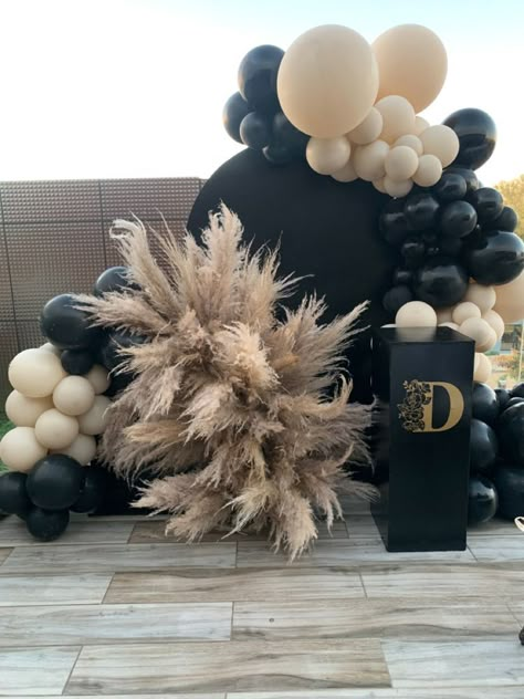 Black Silver Gold Table Setting, Formal Dinner Party Decorations, Black And Ivory Balloon Garland, Black And Tan Balloon Arch, Black And Tan Party Decor, All Black Party Decorations Events, Black And Champagne Party Decorations, Black And Neutral Party Decor, Black And Beige Centerpieces