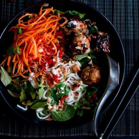 Pork Meatball, Sticky Pork, Pickled Carrots, Pork Meatballs, Brick Kitchen, Summer Rolls, Munnar, Noodle Bowl, Vietnamese Food