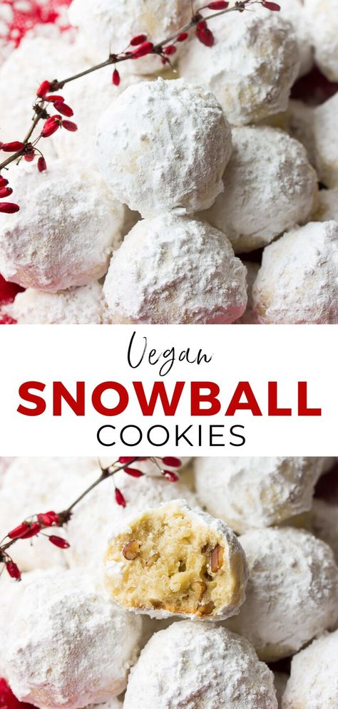 Vegan Snowball Cookies are festive little holiday cookies that are buttery, full of pecans and rolled in powdered sugar! Made in 1 bowl with 5 ingredients. Vegan Bars, Vegan Candy, Snowball Cookie Recipe, Vegan Christmas Cookies, Sweet Bakes, Vegan Holiday Recipes, Vegan Christmas Recipes, Buttery Shortbread Cookies, Buttery Shortbread