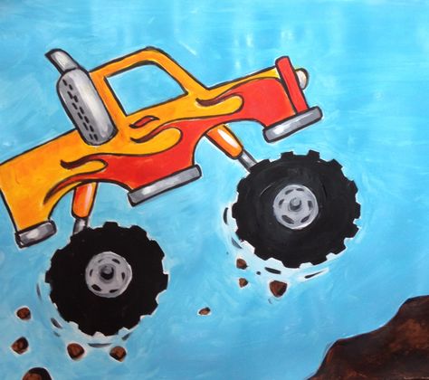 The Monster Truck Painting / Creative Painting for Kids Monster Truck Painting Canvas, Truck Painting Canvases, Truck Painting Easy, Truck Painting Ideas, Monster Truck Painting, Drawing Truck, Monster Truck Drawing, Doodle Fish, Monster Truck Art