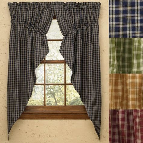 Plaid Gathered Swag Prairie Curtain Set 36" or 63" Long Wine Black Navy Mustard #ParkDesigns #Country Vermont Kitchen, Prairie Curtains, Window Swags, Primitive Curtains, Country Lamps, Swag Curtains, Primitive Bathrooms, Cranberry Apple, No Sew Curtains