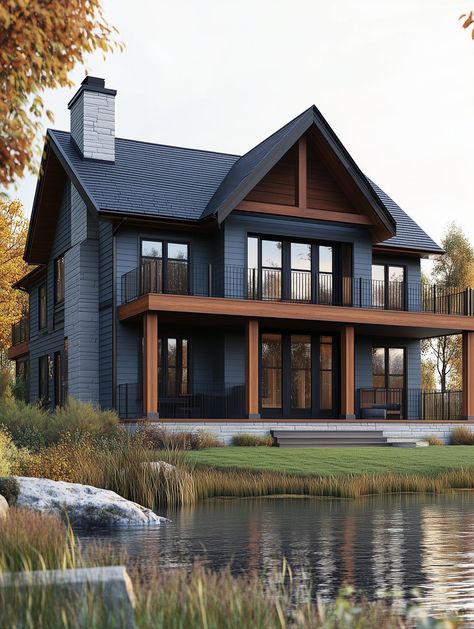 A chic lake house with a serene color scheme, featuring dark blue and warm wood accents, large windows, and a scenic view of the water and surrounding nature, showcasing tranquil lake house color schemes. Modern Seaside Cottage, Lake House Exterior Colors Schemes, Dark Blue House With Wood Accents, Three Story Lake House, Lake House Cottage Exterior, Lakehouse Design Ideas, Lake House Designs Exterior, Minimalist Lake House, Exterior Paint Colors For Lake House