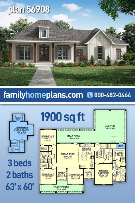 Acadian, Country, European, French Country, Southern Style House Plan 56908 with 1900 Sq Ft, 3 Bed, 2 Bath, 2 Car Garage 1500 Sf House Plans, 1800 Sq Ft House Plans, 1700 Sq Ft House Plans, Acadian Style Homes, Acadian Homes, 2000 Sq Ft House, Acadian House Plans, Southern Style House, House Plans Ideas