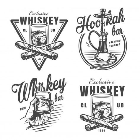 Vintage monochrome whiskey bar emblems F... | Free Vector #Freepik #freevector #logo #smoke #bar #ice New Png, Whiskey Logo, Nautical Logo, Vintage Whiskey, Whiskey Bar, Bar Logo, Funny New, Svg Funny, Logo Templates