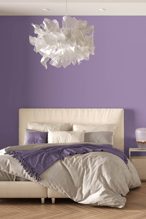 Purple Bedroom Wall Ideas, Bedroom Light Purple Walls, Light Purple Room Ideas Bedrooms, Purple And Cream Bedroom, Lavender Walls Bedroom, Purple Wall Room Ideas, Purple And White Room Ideas, Lavender Accent Wall Bedroom, Lilac Interior Bedroom