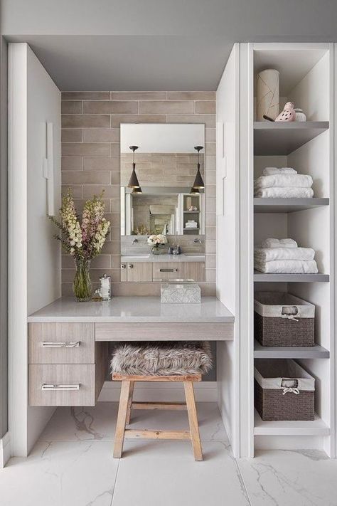 Closet To Bathroom, Closet In Bathroom, Closet With Vanity, Glam Rooms, Stylish Bathroom Design, Vanity Nook, Bathroom And Walk In Closet, Bedroom With Walk In Closet, Bedroom With Bathroom