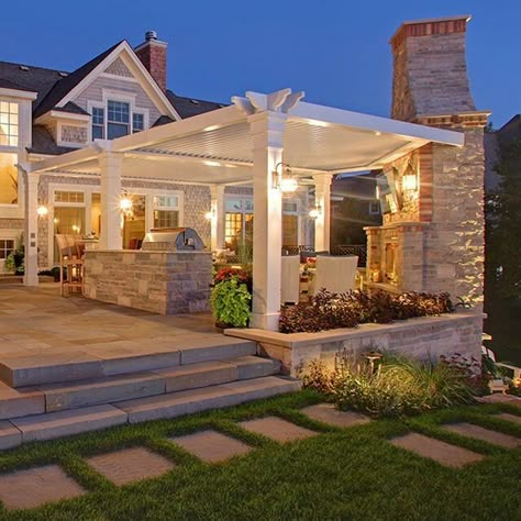 Outside Covered Patio Ideas With Fireplace, Back Porch Designs Farmhouse, Pool House Addition To House, Covered Outdoor Grill Station, Covered Patios Attached To Garage, Outdoor Home Remodel, Outdoor Patio Building Ideas, Back Lanai Ideas, Outdoor Patio With Kitchen And Fireplace