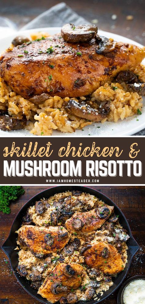 Chicken Thigh Risotto Recipes, Chicken With Risotto Dinners, Chicken Mushroom Risotto Recipes, Skillet Chicken And Mushrooms, Mushroom Risotto With Chicken, Mushroom Chicken Risotto, Chicken And Mushroom Rice, Chicken Mushroom Risotto, Chicken And Mushroom Risotto