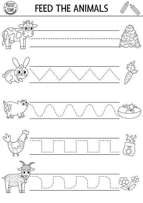 Vector on the farm handwriting practice worksheet. Rural country printable black and white activity for preschool children. Tracing game for writing skills. Feed the farm animals coloring page On The Farm Worksheets Preschool, At The Farm Worksheet, Farm Animals Tracing Worksheets, Animals Tracing Worksheet, Farm Science Activities Kindergarten, Farm Themed Activities For Kindergarten, Farm Animal Coloring Pages Preschool, At The Farm Activities, On The Farm Activities Toddlers