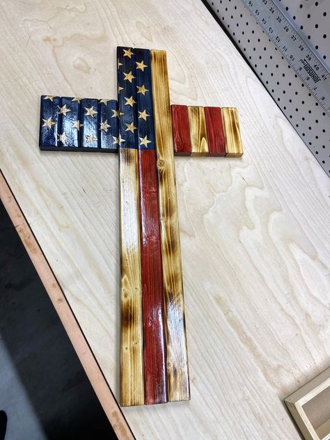 Handcrafted White wood flag cross Stained and torched for a rustic look Polyurethane sealed Rustic Wood Cross Diy, Easy Things To Make With Wood, Wooden Flag Ideas, Wood Cross Crafts, Cross Wood Projects, Painted Crosses On Wood, Jenga Block Cross, Cross Crafts Diy, Wood Crosses Ideas