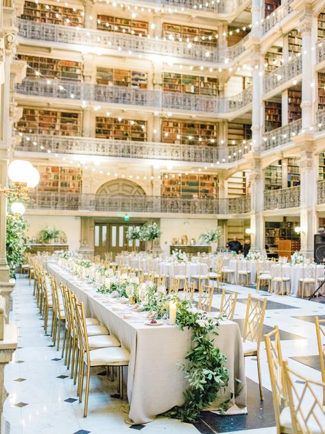 A Romantic Wedding at Baltimore's George Peabody Library Getting Married In A Library, Maryland Library Wedding, Ballroom Wedding Flowers, Wedding In Library, Peabody Library Wedding, George Peabody Library Wedding, Library Wedding Aesthetic, Library Weddings, Romantic Wedding Table