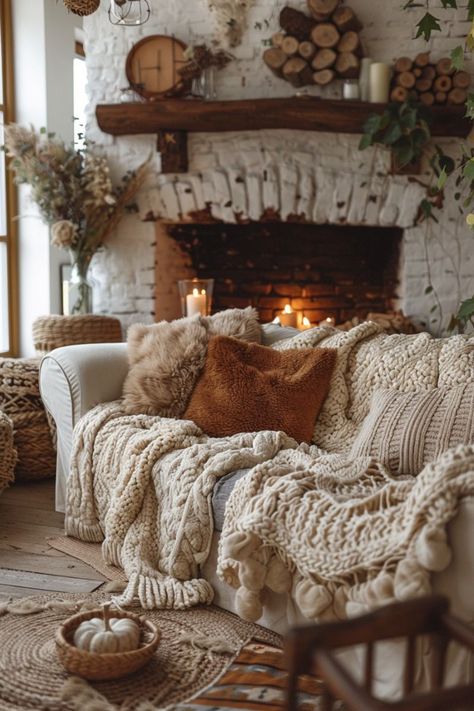 Autumn Boho Decor, Cozy Cottage Style Living Room, Cozy Home Inspiration, Crochet Living Room, Boho Autumn Decor, Cottage Fall Decor, Boho Moody, Boho Fall Decor, Autumn Living Room