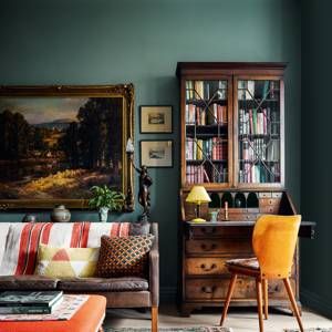 Arts and Crafts house designed by Ben Pentreath | House & Garden Dark Green Rooms, Timeless Paint Colors, Dark Green Bathrooms, Blue Painted Walls, Dark Green Walls, Vintage Bookcase, Classic Bedroom, Green Interiors, Green Rooms