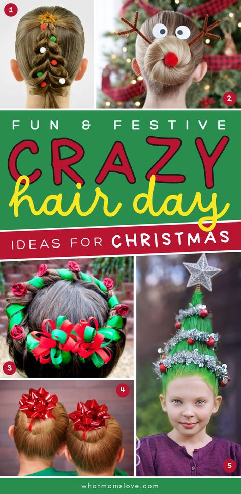 Crazy Christmas Hair Day Ideas, Christmas Fun Hairstyles, Crazy Hair Day At School For Girls Easy Short, Christmas Parade Hairstyles, Who From Whoville Hair, Silly Christmas Hairstyles, Candy Cane Hair Ideas, Crazy Hair Day Ideas For Christmas, Christmas Crazy Hair Day Short Hair