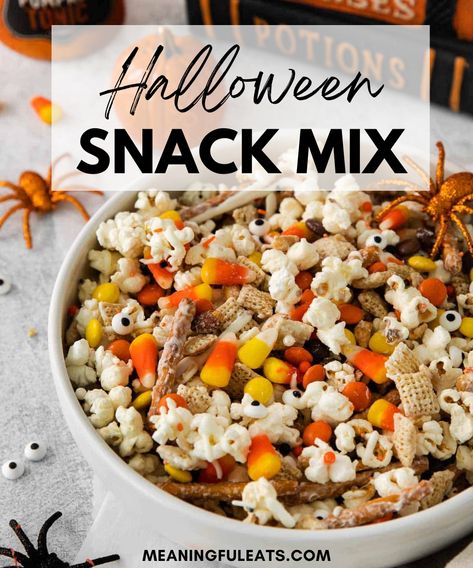 Fall Chex Mix Recipes Halloween, Halloween Trail Mix Recipe, Halloween Chex Mix Recipes, Fall Chex Mix Recipes, Gluten Free Halloween Food, Fall Snack Mixes, Meaningful Eats, Halloween Snack Mix, Easy Halloween Snacks