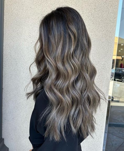 Simple Baylage, Dark Hair Icy Highlights, Low Maintenance Dark Balayage, Brown With Deminsion, Brown Hair With High And Lowlights, Mushroom Ash Brown Balayage On Dark Hair, Bronde Haircolor Cool Tone, Cool Toned Highlights On Dark Hair, Baby Lights On Black Hair