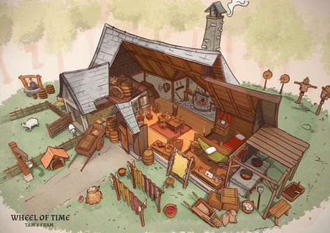 Farmhouse Concept Art, The Eye Of The World, Medieval Farm, Cutaway Illustration, Valheim Builds, Anime Rooms, Eye Of The World, Homestead Design, Feng Zhu Design