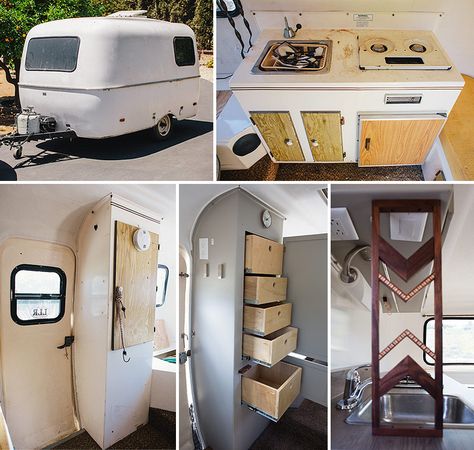 Casita Travel Trailers Remodel, Scamp Camper Interior, Scamp Trailer Interior, Scamp Camper Remodel, Small Travel Trailer Remodel Diy, Fiberglass Camper Remodel, Boler Trailer Remodel, Scamp Trailer Storage Ideas, Camp Trailer Remodel