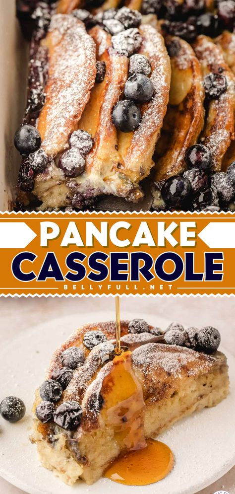 This amazing Pancake Casserole is everyone’s favorite pancakes turned into a substantial overnight breakfast casserole. Preparing it the night before makes breakfast or brunch the next morning so quick and easy! Pancake Crockpot Recipes, Blueberry Pancake Casserole Crockpot, Pancake Blueberry Casserole, Make The Night Before Breakfast, Apple Pancake Casserole Breakfast, Crockpot Blueberry Pancake Casserole, Crepe Casserole Breakfast, Breakfast Casserole Pancake, Crockpot Pancake Casserole