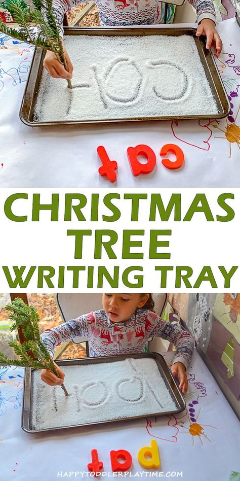 Christmas Tree Writing Tray – HAPPY TODDLER PLAYTIME This writing tray is such an easy and fun way for your preschooler or kindergartner to practice letter formation and CVC words at Christmas time! Christmas Traditions Preschool Theme, Christmas Ks1 Activities, Christmas Themes Preschool, Preschool Christmas Ideas, Christmas Letter Activities Preschool, Christmas Name Activities Preschool, Christmas Language Activities Toddlers, Christmas Prewriting Preschool, Christmas Phonics