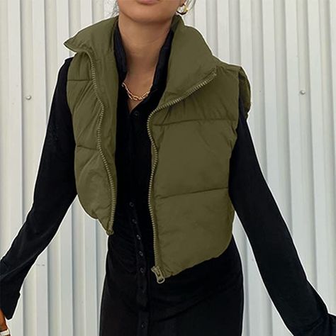 Green Fitted Casual Puffer Jacket, Green Cropped Puffer Vest Outfit, Black Leather Cropped Puffer Vest, Black Puffer Vest Cropped, Light Green Puffer Vest, Winter Crops, Sleeveless Puffer, Cropped Vest, Sleeveless Jacket