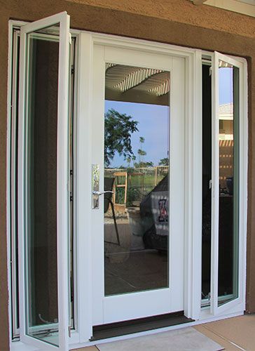 Exterior-French-doors Single Patio Door With Sidelights, Bedroom Doors To Patio, Patio Door With Side Windows, Large French Doors To Backyard, Single French Door With Side Windows, Exterior French Doors Patio, French Doors With Side Windows, Cabin Exterior Ideas, Sliding Glass Door Replacement