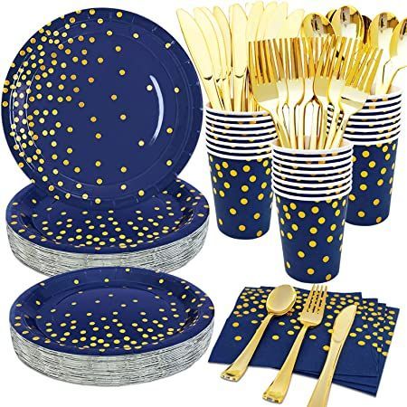 Party Plates And Napkins, Navy Gold Birthday Party, Blue And Gold Dinner Party, Blue And Gold 30th Birthday Party, Blue And Gold 70th Birthday Party, Blue And Gold Party Decorations, Blue And Gold Plate Setting, Gold Tablecloth Blue Napkins, Navy Party Decorations