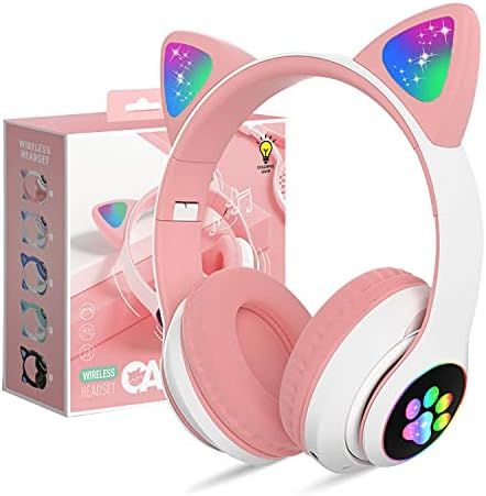 KERHAND Bluetooth Headphones for Kids, Cute Ear Cat Ear LED Light Up Foldable Headphones Stereo Over Ear with Microphone/TF Card Wireless Headphone for iPhone/iPad/Smartphone/Laptop/PC/TV (PIink) Cat Headset, Kitty Headphones, Headphones Ideas, Cute Headphones, Computer Gifts, Kids Headphones, Diy Gifts For Kids, Amazon Devices, Headphones With Microphone