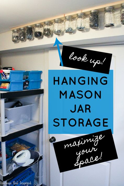 This is SO SMART! Take advantage of unused space on the ceiling or under a cabinet to create hanging mason jar storage! Use the mason jars to store and organize all kinds of small things - from tools to screws to craft supplies to spices! It couldn't be easier to create a hanging mason jar storage system in your home. This post shows you how! Mason Jars Storage Ideas, Diy Mason Jar Storage, Jar Storage Ideas, Diy Mason Jar Storage Ideas, Mason Jar Storage Ideas Organizations, Mason Jar Storage Ideas, Storage Of Mason Jars, Large Mason Jars Storage, Canning Jar Storage