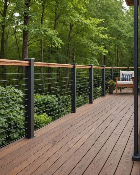 20 Awesome Deck Railing Ideas For Your Backyard Deck – ToolzView Wire Railings For Decks, Backyard Decks Ideas, Modern Deck Railing Design, Cable Deck Railing Ideas, Patio Railing Ideas, Lake House Deck Ideas, Hardscape Ideas Backyard, Deck With Railing, Diy Cable Railing