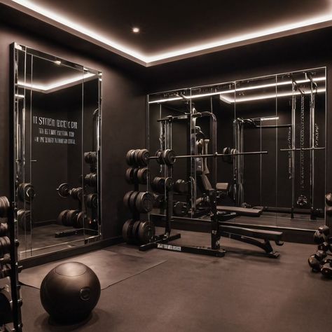 ⚠️LINK IN BIO⚠️ A functional minimalist home gym with sleek equipment, mirrored walls, and a motivational quote wall to inspire and enhance workouts. #HomeGym #Minimalist #SleekEquipment #MirroredWalls #MotivationalQuotes Home Gym Concrete Walls, Black Wall Home Gym, Home Gym Dark, Moody Home Gym, Gym Mirror Wall, Container Gym, Basement Home Gym, Mirrored Walls, Modern Home Gym