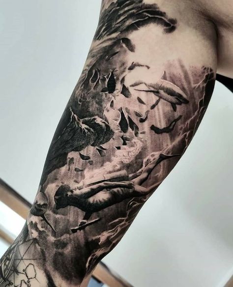 Under Water Sleeve Tattoo, Water Leg Sleeve Tattoo, Ocean Realism Tattoo, Sea Tattoo Ideas Sleeve, Under Ocean Tattoo, Ocean Theme Leg Sleeve, Underwater Theme Tattoo, Ocean Theme Sleeve Tattoo, Underwater Sleeve Tattoo