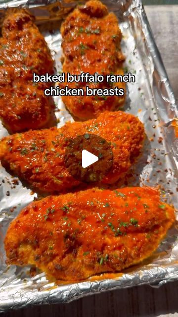 Shay Spence on Instagram: "baked buffalo ranch chicken. full recipe below 🫶 BAKED BUFFALO RANCH CHICKEN BREASTS 4 oz. Parmesan cheese (about 1/3 cup grated) 5 oz. bag croutons 1 Tbsp. ranch seasoning 2 eggs 1 cup Buffalo hot sauce, divided 4 chicken breast cutlets Cooking spray Chopped fresh parsley, for garnish (optional) Preheat oven to 425F. In a food processor, pulse together parmesan, croutons and ranch seasoning; transfer to bowl. In a large bowl, whisk together eggs with 1/4 cup of the hot sauce. Add chicken to the bowl and drip off any excess egg before coating each in the breadcrumb mixture. For a sturdier breading, repeat again for a double coating. Line a sheet tray with aluminum foil and spray with cooking spray. Place chicken on the tray and spray to top with cooking spra Buffalo Chicken Parmesan, Chicken Breast Boneless Recipes, Chicken Breast Recipes Videos, Cornflake Chicken Breast, Baked Buffalo Chicken Breast, Shay Spence, Buffalo Chicken Bake, Chicken Breast Cutlets, Buffalo Hot Sauce