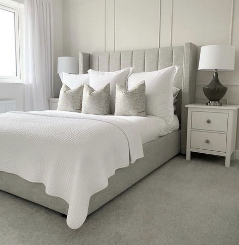 Light Grey Headboard Bedroom, Light Grey Headboard, Grey Bedframe Room Ideas, Double Size Bed, Ottoman Bed Frame, Girl Apartment Decor, Grey Bed Frame, Grey Bedroom Decor, Neutral Bedroom Decor